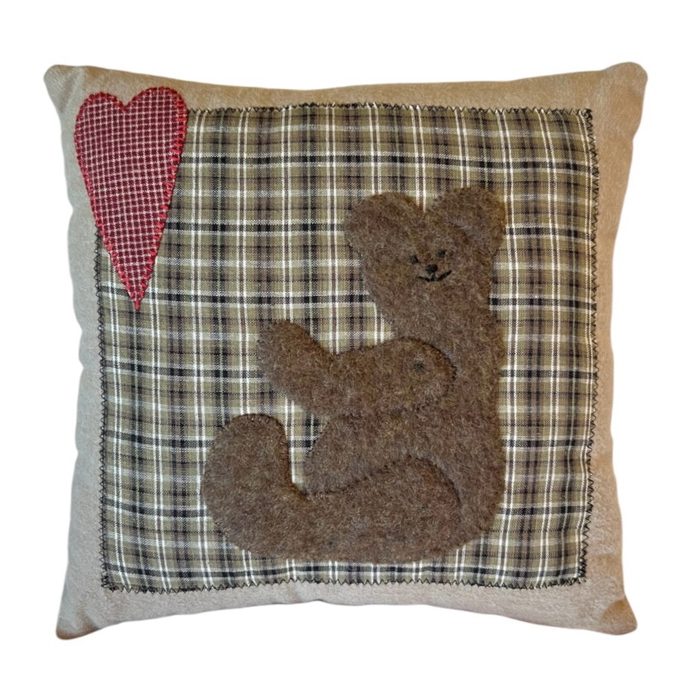 Plaid Brown Bear Holiday Pillow with Red Heart Hand Stitched New